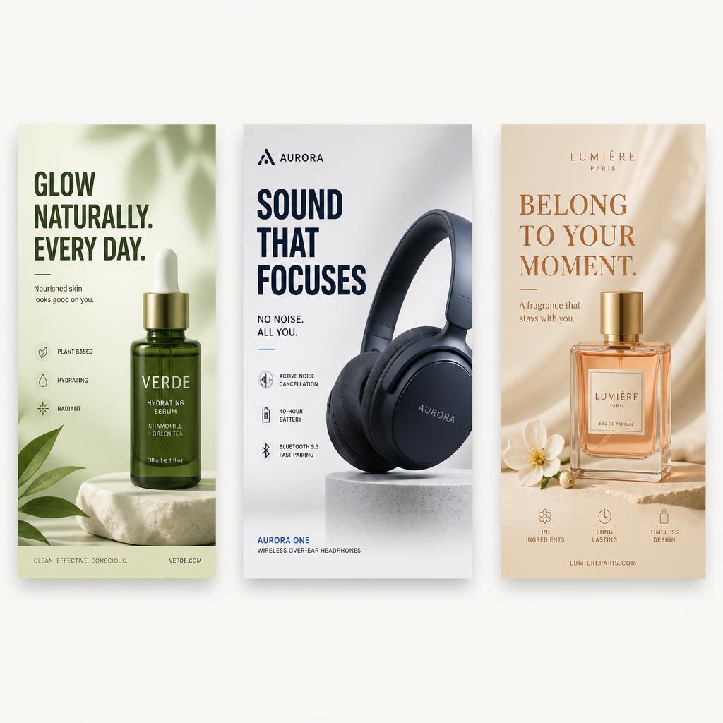 Three finished ad creatives generated from one product photo